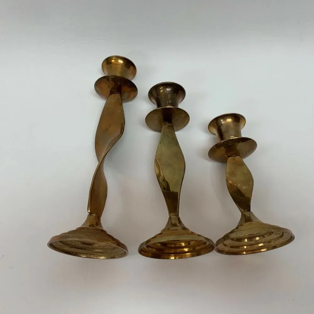 Brass Graduated Candlestick Candle Holders Swirl Twist Lot‎ of 3